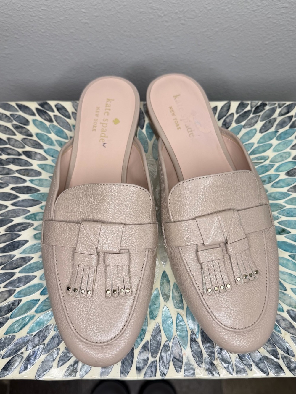 Kate Spade Blush Pink Pebbled Leather Tassel Mules